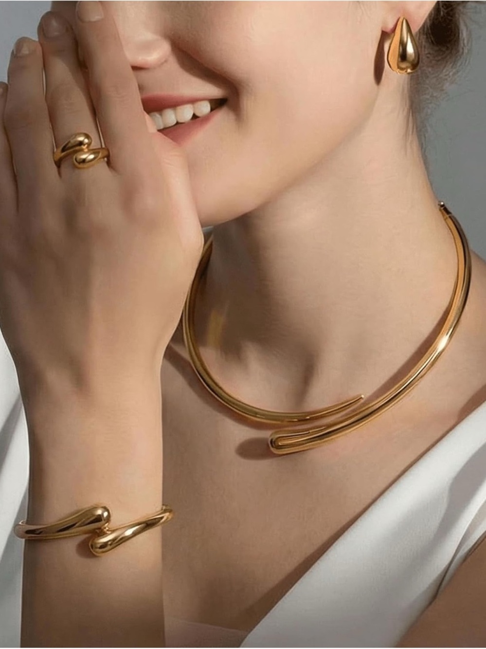 14K Gold Plated Sculptural Necklace, Bracelet, Ring and Earring Set - Picture 2 of 6